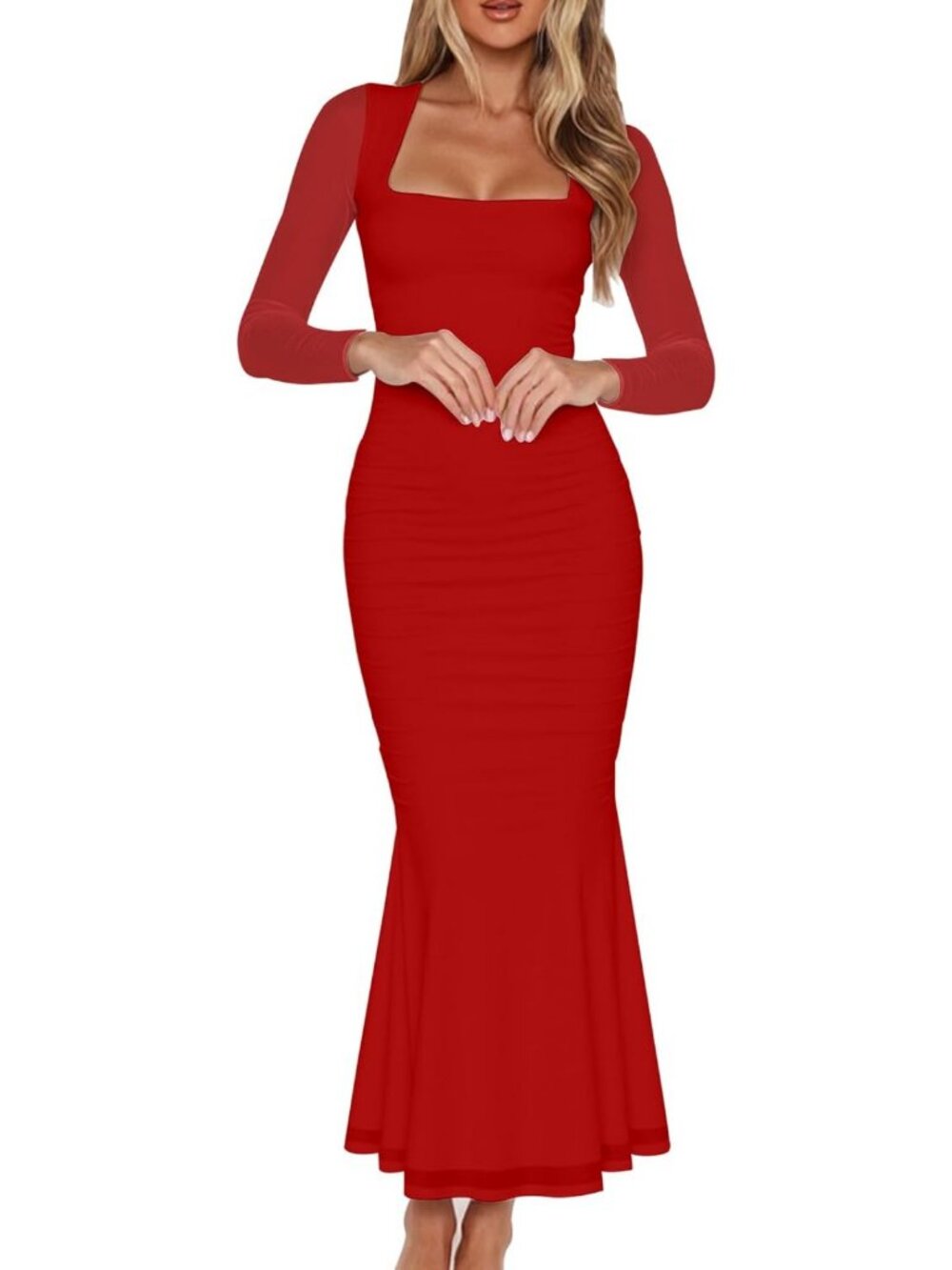 Elegant Ruched Bodycon Long Sleeve Maxi Dress for Wedding Guests & Events